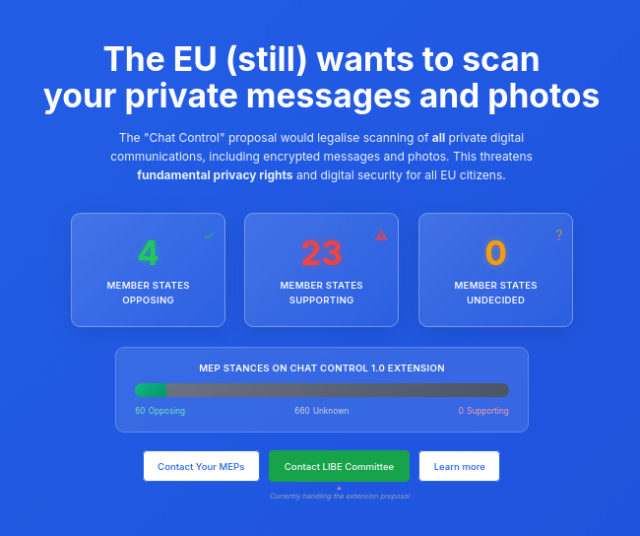 Screenshot: The EU (still) wants to scan your private messages and photos. 4 member states opposing, 23 member states supporting, 0 member states undecided. 
