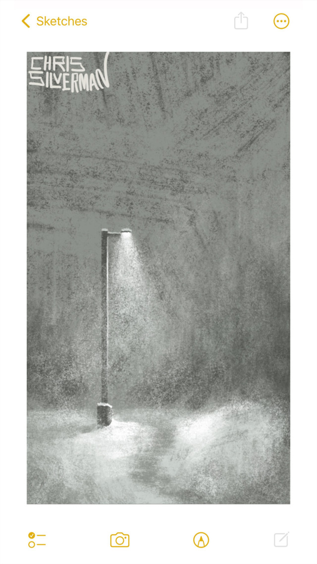 A single streetlamp stands next to a small path winding through a wooded park. It's at night, and in the middle of a blizzard. The sky is a dull, slate gray. The ground is mostly covered with snow. The lamp casts a cone of white light, thick with snowflakes. The surrounding trees are just blurs. The path is in the process of being covered up by snow. The painting is signed "Chris Silverman".