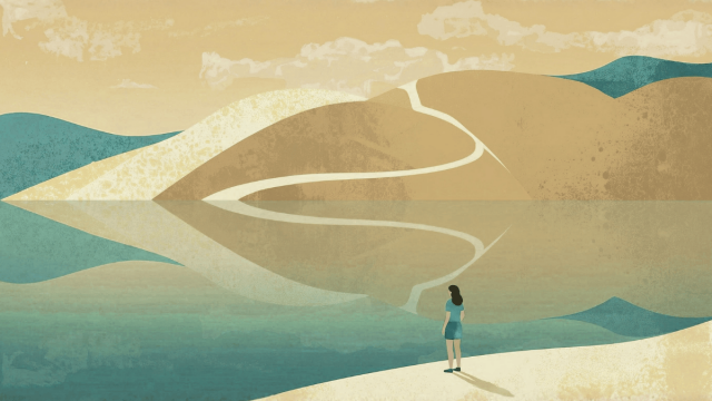 Illustration in warm sand, ochre and teal tones. A woman stands at the water's edge, looking out towards rolling hills and winding paths ahead. Textured, painterly style.