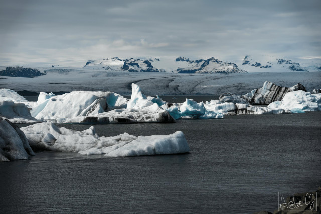 Icebergs floating on calm water with snow-covered mountains in the background under a cloudy sky