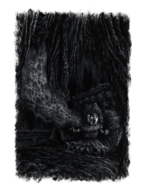 A black and white illustration of a haunted doll sitting on a tattered antique bed in an old, dilapidated room. A mass of malevolent souls is emanating from the doll's hollow body, twisting behind the torn curtains. The doll's eyes glow ominously.

Painted with white gouache over black gesso on mixed media paper.
