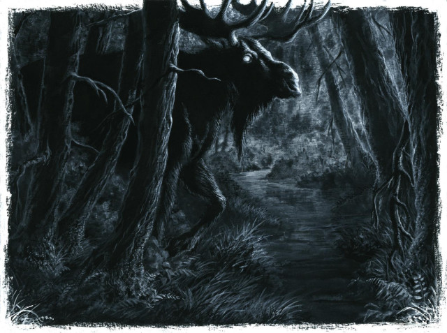 A black and white illustration of a massive moose walking through the woods, stopping before a stream. The moose is barely lit by the early dawn light, with a glowing eye looking directly at us. Inspired by the Algernon Blackwood story, "Valley of the Beasts."

Painted with white gouache over black gesso on watercolor paper.