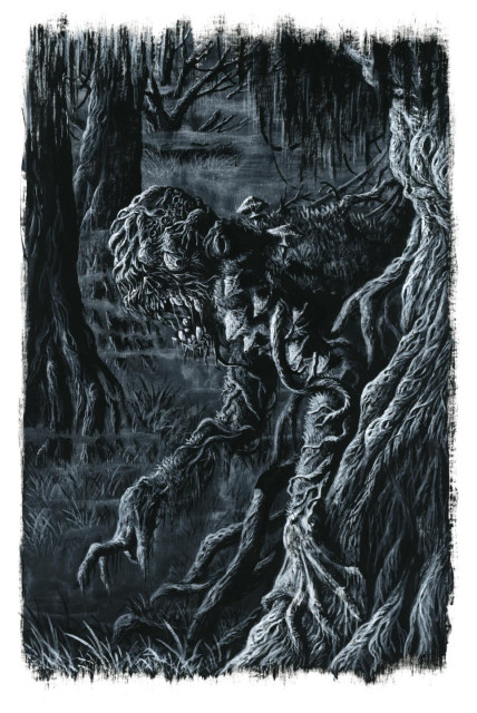 A black and white illustration of a thing, which just so happens to be from a swamp. The creature emerges from behind a gnarled cypress tree, covered in tangled roots and mushrooms. Its tormented face has has one bulging eye, expressing a deep sadness, and an unhinged, snaggletoothed jaw. A thick fog passes over other trees in the distance.

Painted with white gouache over black gesso on Bristol paper.