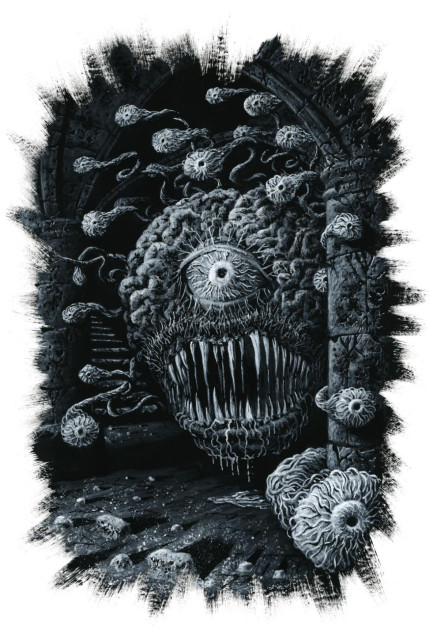 A black and white illustration of a Beholder, emerging from behind a column in a dungeon. It's various tentacles with eyes on the end are twisting and turning about. It has one bulging eye in the center of it's brain-like head and a massive jaw filled with sharp teeth, leaving a puddle of drool on the floor.

Painted with white gouache over black gesso on Bristol paper.