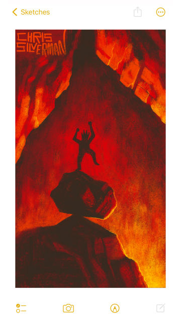 A vast, rocky, underground cavern. Heavy craggy walls loom in from both sides. Jutting up from below is a small rocky hill, on which is precariously balanced a small boulder. Dancing on top of the boulder, waving its fists, is a childlike figure wearing a large crown. Hellish flames erupt from below, casting the entire scene in a reddish-yellow light. This state of the union is delivered by Chris Silverman.