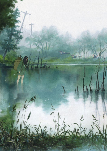 a traditional painting showing a girl wading through a foggy lake
