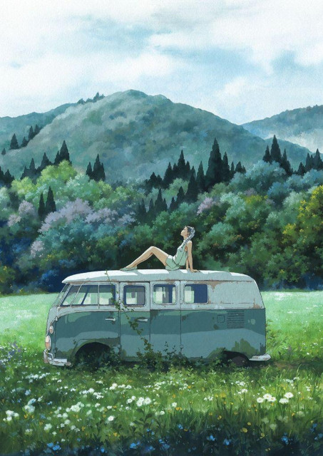 a traditional painting showing a girl sitting on top of an old vw bus