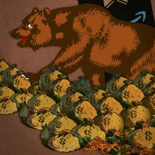 A giant pile of money bags; climbing out of it is the bear from the California state flag. The background is an Amazon box, with the smile logo pointing in the opposite direction to the bear's motion.