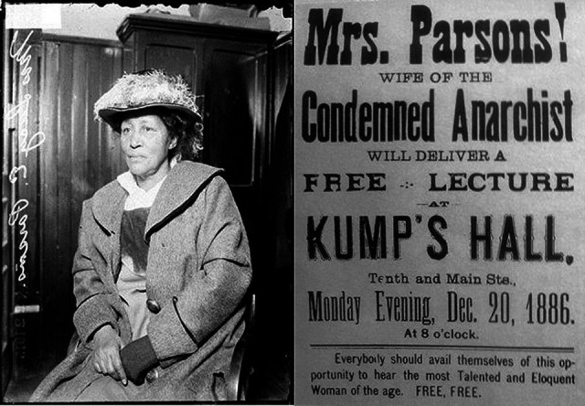 Newspaper front page image of Lucy Parsons, seated, in a church hat and overcoat. Reads: 

Mrs. Parsons!
WIFE OF THE 
Condemned Anarchist
will deliver a 
Free Lecture
Kump's Hall
Monday Evening, Dec. 20 1886
