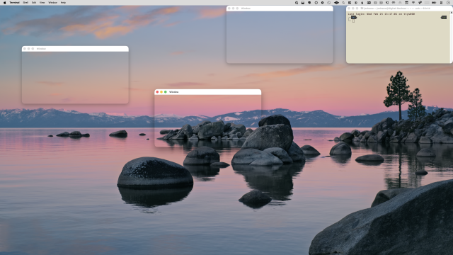 Full screen view of a macOS 26 Tahoe desktop. A lonesome Terminal window is tucked into the top-right corner. An additional three windows appear in different locations. Aside from the windows’ title bar and outline shadows, the desktop background is visible through these three windows’ content area.