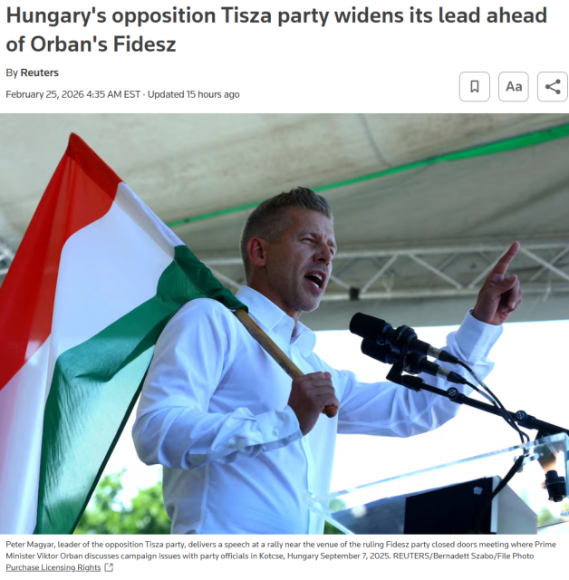 Hungary's opposition Tisza party widens its lead ahead of Orban's Fidesz
By Reuters
February 25, 20264:35 AM ESTUpdated 15 hours ago

Magyar, leader of the opposition Tisza party holds a rally in Kotcse
Peter Magyar, leader of the opposition Tisza party, delivers a speech at a rally near the venue of the ruling Fidesz party closed doors meeting where Prime Minister Viktor Orban discusses campaign issues with party officials in Kotcse, Hungary September 7, 2025. REUTERS/Bernadett Szabo/File Photo Purchase Licensing Rights