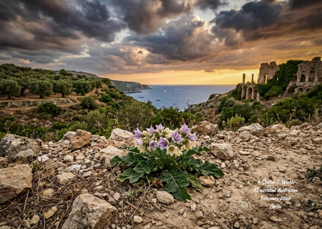 Mandragora officinarum along a dry pathway in a Southern Italian Landscape. © Stefan F. Wirth, AI assisted illustration, no photo, February 2026, Berlin