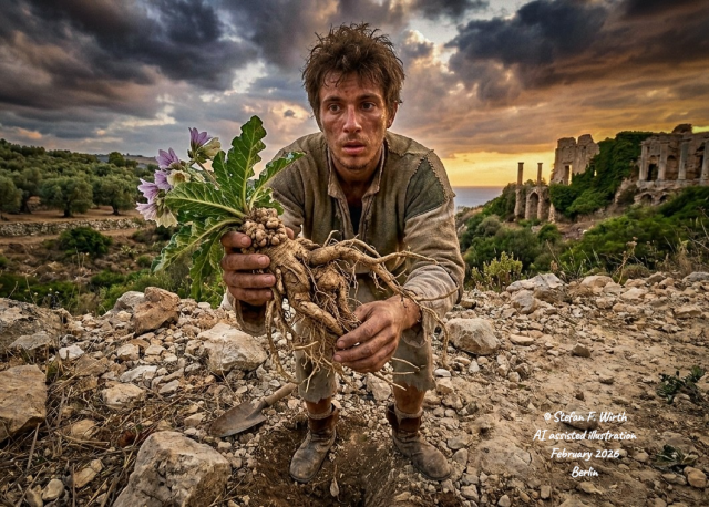 Medieval Italian peasant holding a mandrake in a Southern Italian Landscape in a way that its roots are visible, which can resemble human figures. The plant thus was not only used since ancient times for medical purposes, but was also subject to spiritual legends.
© Stefan F. Wirth, AI assisted illustration, no photo, February 2026, Berlin