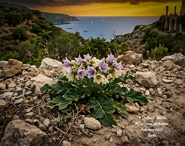 Close-up of Mandragora officinarum along a dry pathway in a Southern Italian Landscape. © Stefan F. Wirth, AI assisted illustration, no photo, February 2026, Berlin