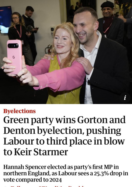 Screenshot of top

G
Byelections
Green party wins Gorton and
Denton byelection, pushing
Labour to third place in blow
to Keir Starmer
Hannah Spencer elected as party's first MP in
northern England, as Labour sees a 25.3% drop in
vote compared to 2024