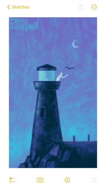 A lighthouse at the edge of a rocky shore at dusk. The lighthouse is small and dark-colored, with a single dark window in its side. The sky is a bluish-purple; a crescent moon is in the upper right of the sky. The lighthouse appears abandoned. The beacon housing, a dull glassy green, is not lit inside. The base of the lighthouse is covered in faded graffiti. Nevertheless, there is one resident, and possibly a permanent one: a white figure on the balcony encircling the beacon housing. The figure has one arm outstretched, releasing a large black bird into the night. The painting is signed "Chris Silverman".
