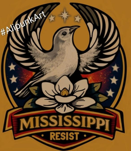 A bold, stylized emblem with a central white magnolia flower and a light bird spreading its wings above it. The two elements sit inside a shield-shaped backdrop split into red and blue with subtle gradients. Three stars form a small triangle above the bird. A banner at the bottom reads “MISSISSIPPI” in large block letters, with “RESIST” centered beneath it. In the top-left corner, the tag “#AlipunkArt” appears, identifying the artwork’s creator. The overall look is graphic, symbolic, and protest‑oriented.