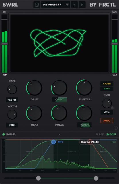 SWRL plugin UI with meters, analyzer, and dials for drift, orbit, flutter, heat and pulse, among other controls.