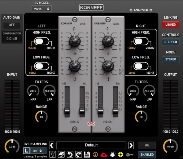 SITRAL Klangfilter W295 plugin UI with left and right channel controls.