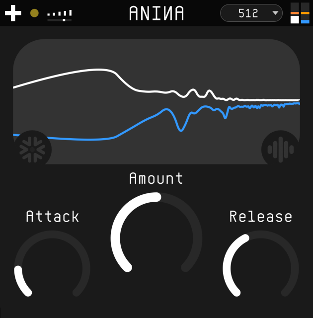ANINA plugin UI with display, Attach, Amount, and Release knobs (among other controls).