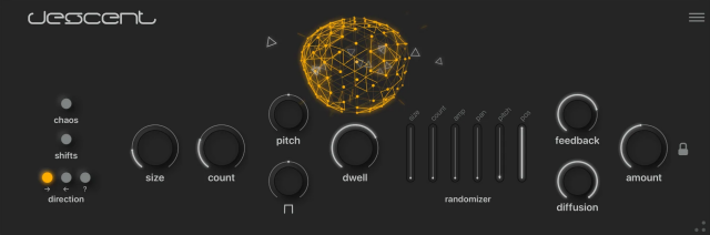 Descent plugin UI with chaos, shifts, size, count, pitch, etc. knobs and visual display of grains.