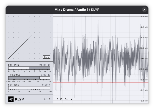 KLYP plugin UI with pre-gain, threshhold, and softness sliders as well as a waveform display.