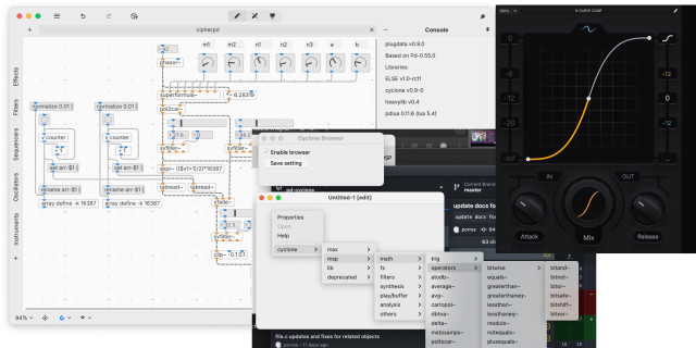 Collage: plugdata graphical patcher interface with a bunch of wires and knobs and objects and things; the cyclone menu browser for navigating these objects ported from Max, and a gorgeous s-curve compressor UI build in plugdata by Nasko.