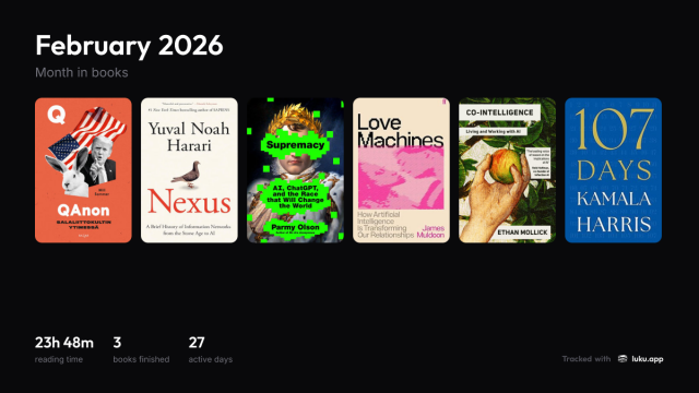 6 books read in February 2026, 3 finished (soon 4).
