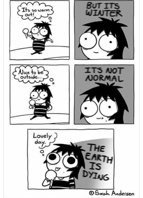 Meme

Little girl with an ice cream cone

left side: it's so warm out! right side: but it's winter
left side: nice to be outside! right side: it's not normal
bottom "lovely day!" (not spoken: the earth is dying)