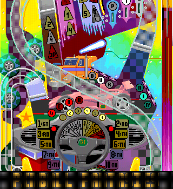 The "Speed Devils" table, from the MS-DOS version of Pinball Fantasies.
