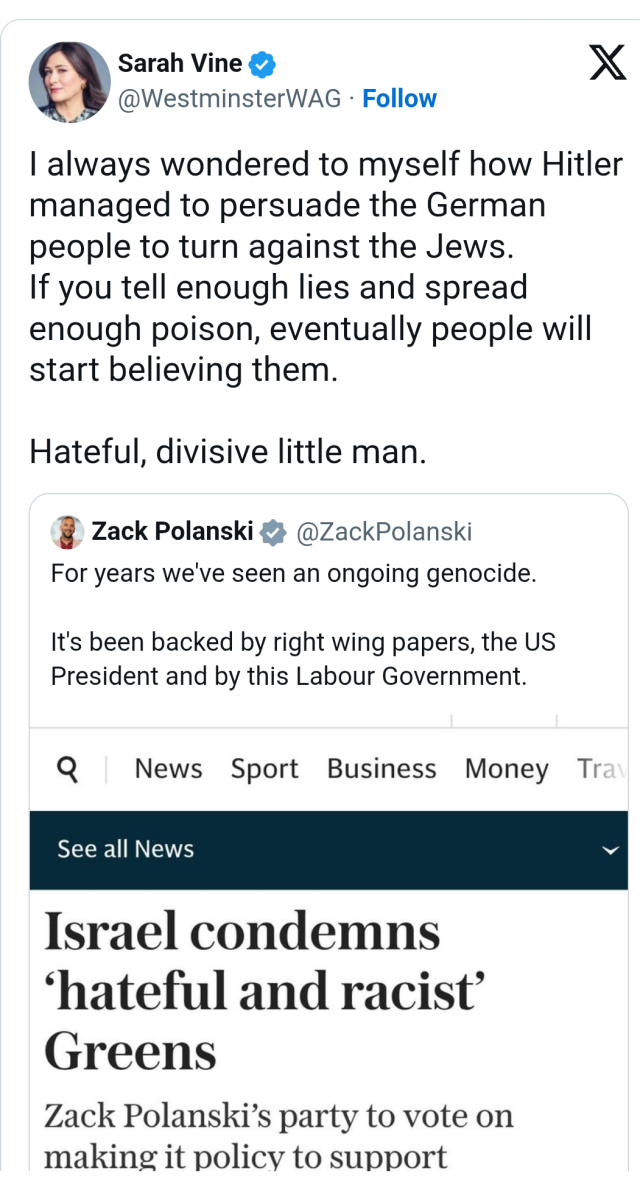 Snapshot of Sarah Vine quote piating Polanski 