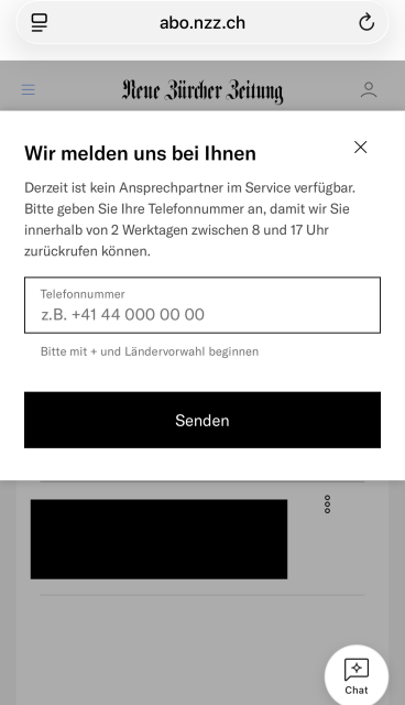 Screenshot: «Service-Chat für Kündigungswunsch» auf der Website der NZZ.