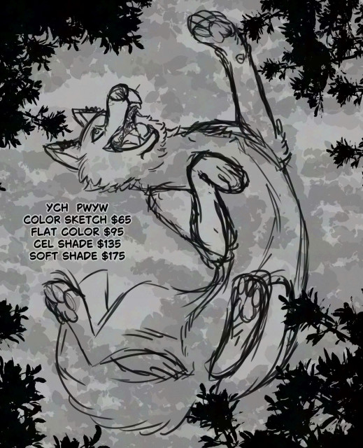 A happy canine lying on back in the shade with all four legs in the air surrounded by tree branches.