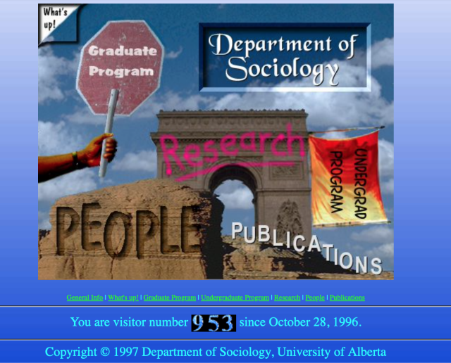 What I can only describe as an absolute perfectly messy collage of images comprising a departmental homepage. A stop sign reads 'graduate program'. The arc de triumphe reads 'Research' spraypainted in pink. A flag reads 'undergrad program'. A striated stone cropping reads 'People'.