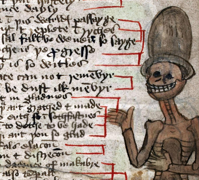 Smiling death. ‘The Dawnce of Makabre’ from Carthusian miscellany, Yorkshire or Lincolnshire ca. 1460-1500. BL, Add 37049, fol. 32r.
#medieval #MedievalArt