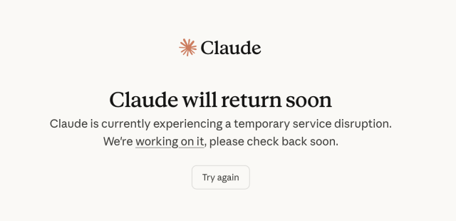 Screenshot from the Claude page informing us Claude Code is down
