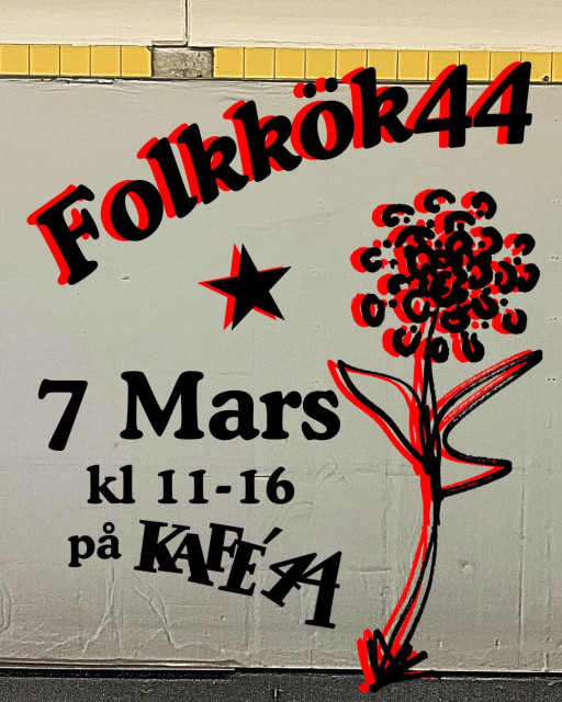 An event poster featuring stylized text and hand-drawn graphics in black and red over a textured, grey concrete-like background.

At the top, the word "Folkkök44" is written in a bold, arched font with a red shadow effect. Below this is a small black five-pointed star with a red offset.

To the right, there is a large, hand-drawn illustration of a flower with a thin red and black stem and a round, textured bloom made of small black and red circles.

The text in the center-left provides the event details in a bold, black serif font:

7 Mars (7 March)

kl 11-16 (11:00 AM to 4:00 PM)

på KAFÉ 44 (at KAFÉ 44), where the "KAFÉ 44" text is larger and slightly tilted.

The overall aesthetic is DIY and punk-influenced, reminiscent of a street flyer or stencil art.