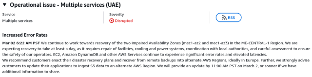 Mar 02 6:22 AM PST We continue to work towards recovery of the two impaired Availability Zones (mec1-az2 and mec1-az3) in the ME-CENTRAL-1 Region. We are expecting recovery to take at least a day, as it requires repair of facilities, cooling and power systems, coordination with local authorities, and careful assessment to ensure the safety of our operators. EC2, Amazon DynamoDB and other AWS Services continue to experience significant error rates and elevated latencies.
We recommend customers enact their disaster recovery plans and recover from remote backups into alternate AWS Regions, ideally in Europe. Further, we strongly advise customers to update their applications to ingest S3 data to an alternate AWS Region. We will provide an update by 11:00 AM PST on March 2, or sooner if we have additional information to share.
