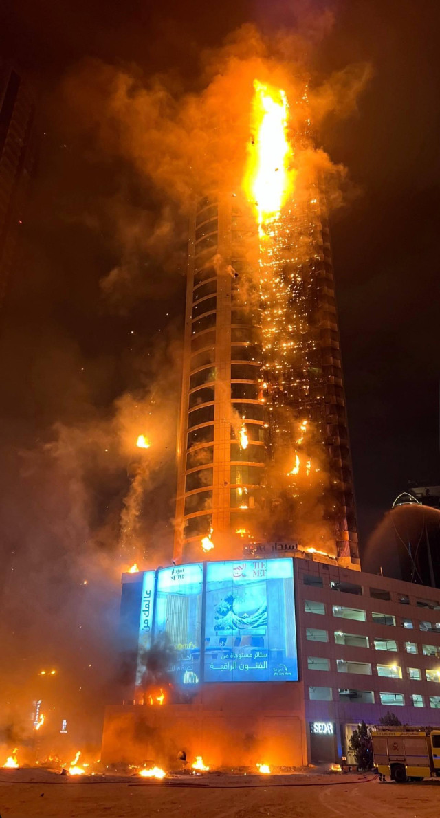 Era tower Bahrain on fire after it was struck by an Iranian Shahed drone on 28. February