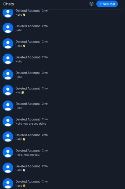 Screenshot of a list of Bluesky chats, all from "Deleted Account" and starting with "Hello..."