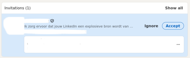 Bericht van LinkedIn dat begint met "Ik zorg ervoor dat jouw LinkedIn een explosieve bron wordt van ..."