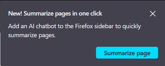 a firefox browser popup on windows 11 asking me to add an AI chatbot to the firefox sidebar to "quickly summarize pages."
