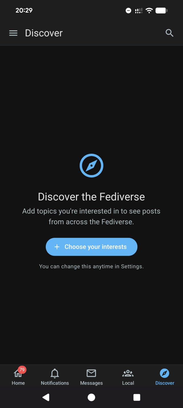 Discover tab with empty state inviting the user to choose their interests.