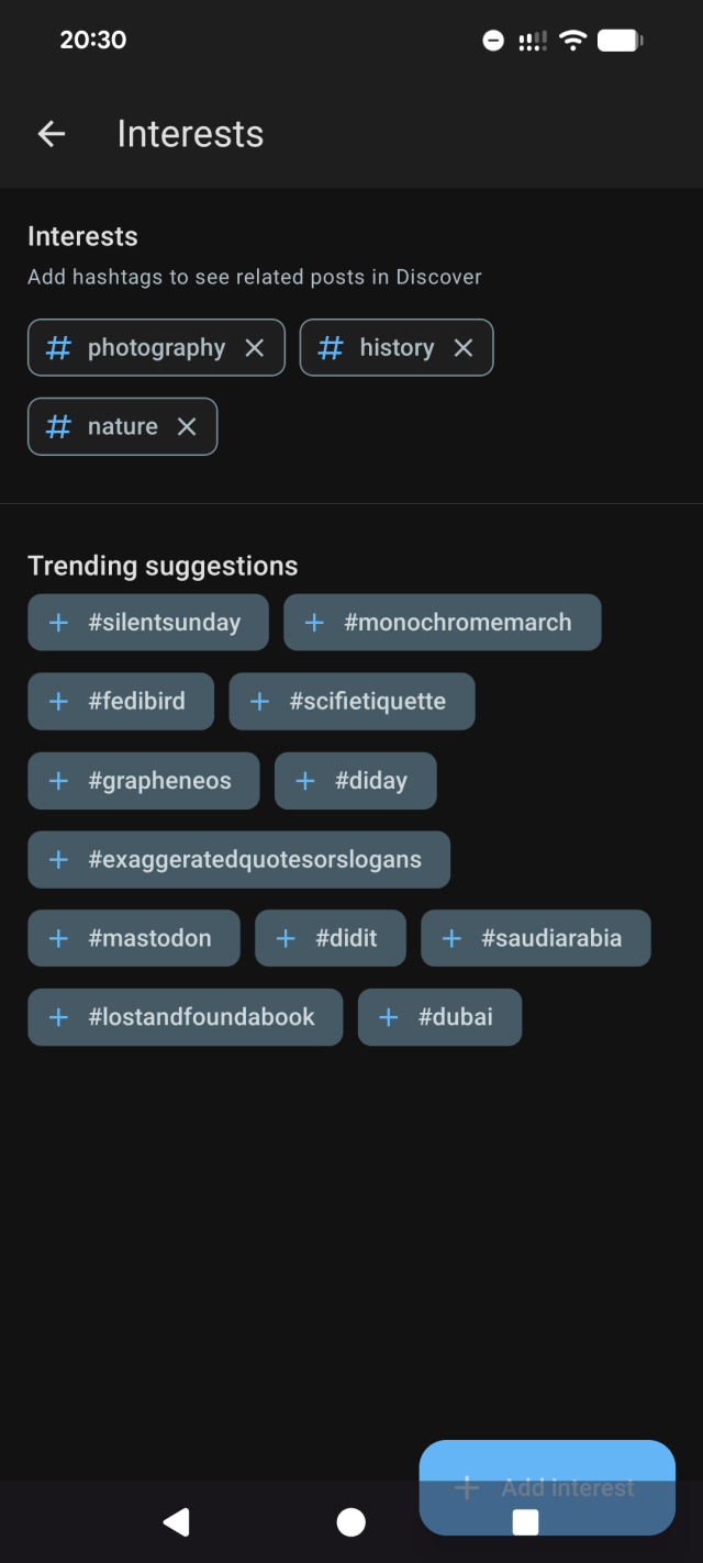 Interests screen showing selected hashtags: photography, history and nature.