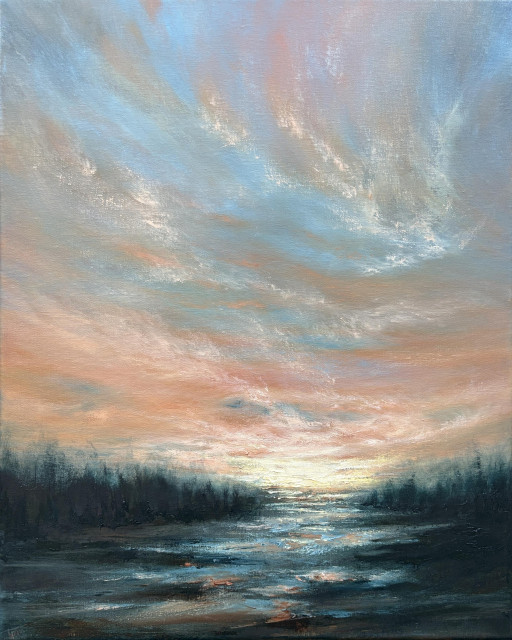 Original landscape oil painting by Tisha Mark, "With Light, We'll See It Through" 20"x16" oil on linen (2025). A loosely painted landscape with a dark, tree-lined body of water underneath a brilliant orange-toned sunrise sky. Light from the sky is reflected in the water below.