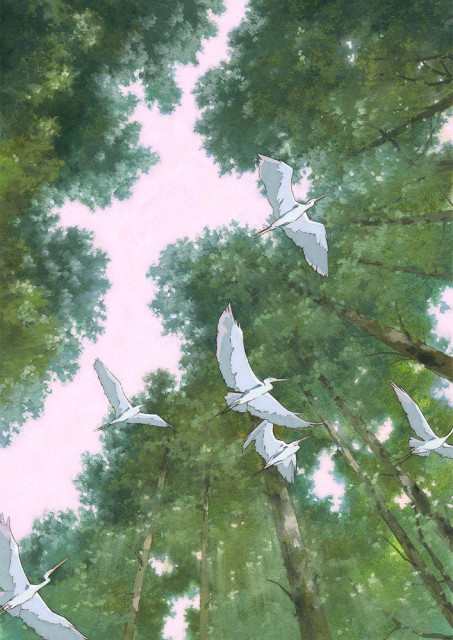 a traditional painting of herons in flight among trees, green, pink and white hues