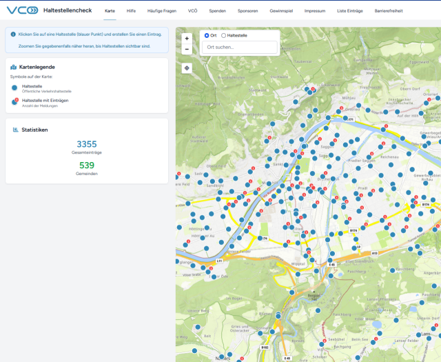 Ausschnitt aus Onlinekarte Haltestellen-Check https://map.vcoe.at/  