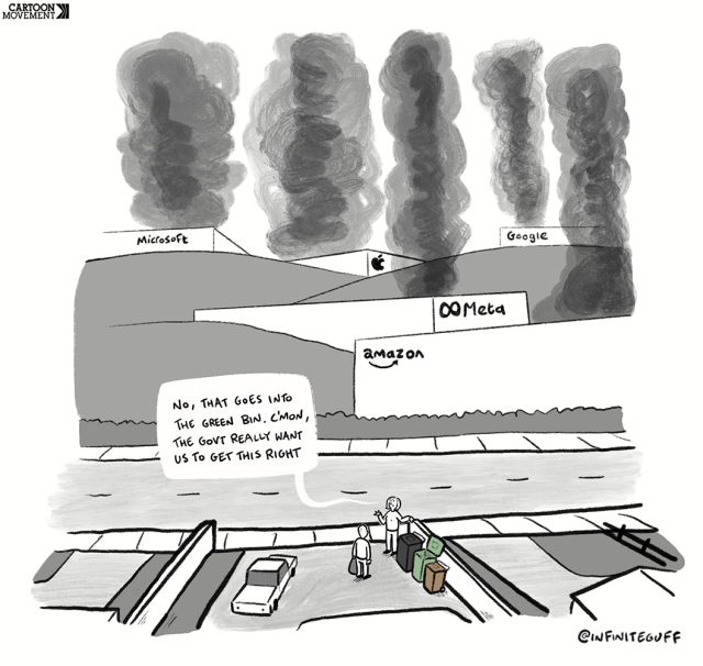 Cartoon showing the backyard of a house. Two persons are standing next to various thrash bins, while one says: ‘No, that goes into the green bin. C’mon, the govt really want us to get this right’. Behind the backyard, we see massive data centers of Google, Amazon and Meta.