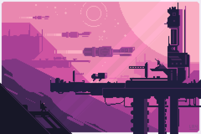 Pixelart of a spaceport high above massive mountains, the color of the sky has a purplish-pink hue, spacecrafts flying in the background, a large bright sun to the right.