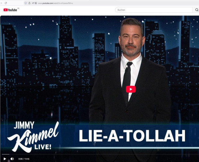 Screenshot of "Jimmy Kimmel LIVE!" with the heading "LIE-A-TOLLAH2 from tthis week's show at the beginning of the week.

(Hate to admit it: the show was really worth watching, I still haven't found a REALLY working "mirror-site" solution or something like that.
If you have, get in touch!)


Source:

https://www.youtube.com/watch?v=41zwxsvPW-w